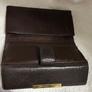 Gucci Dark Brown GG Embossed Continental Wallet with Gold Plaque